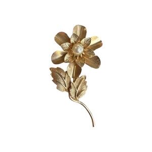 Vintage Gold Tone Flower Brooch Pin with Faux Pearl
